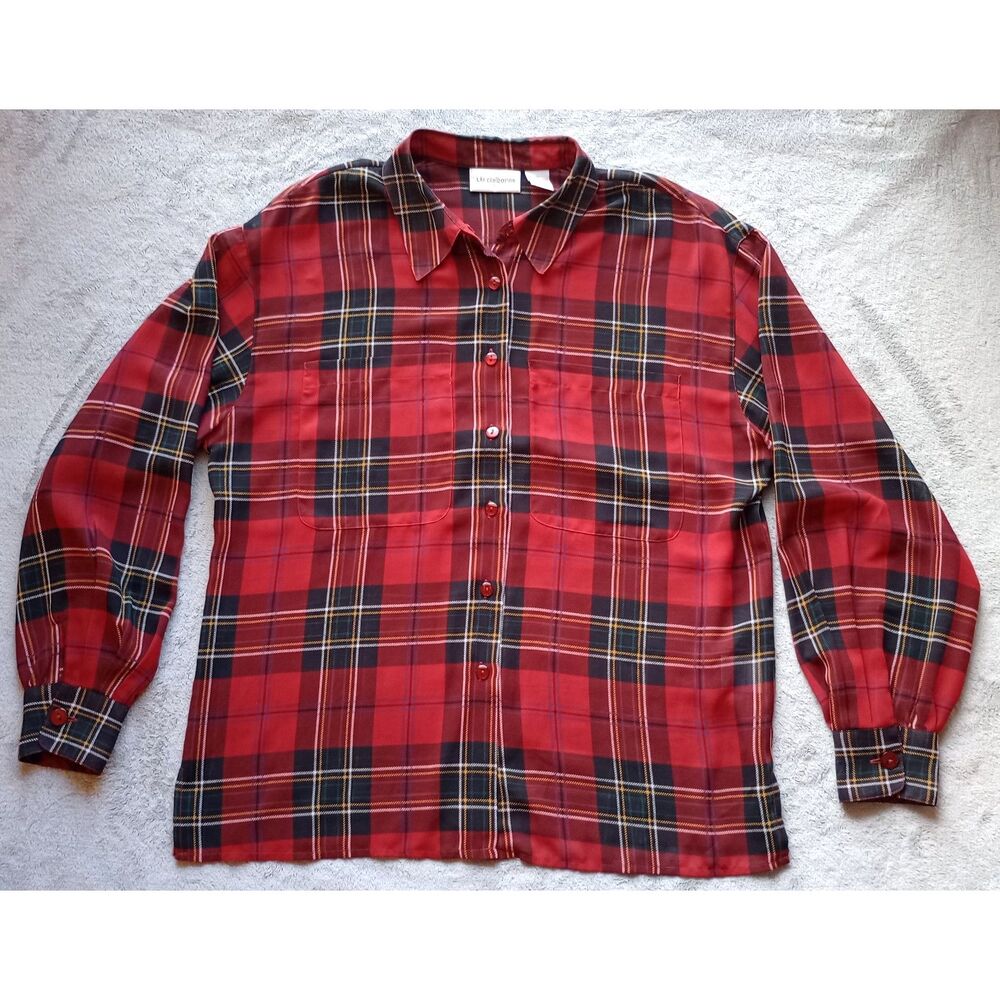 Vintage Liz Claiborne Red Plaid Blouse 90s Grunge Dark Academia Button Up 10